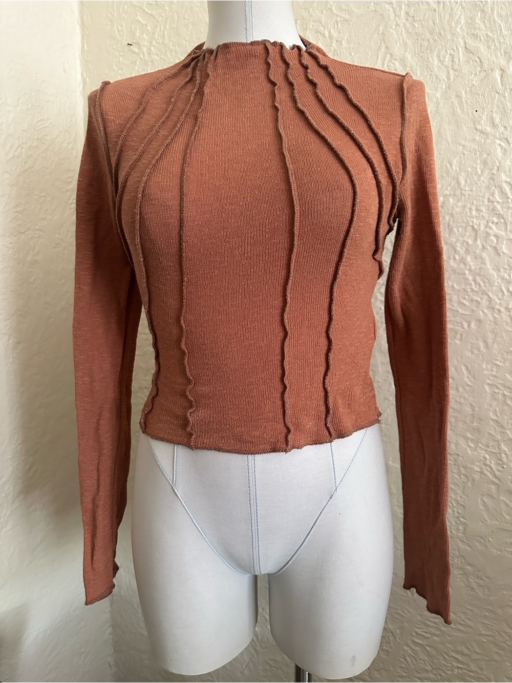 Urban Outfitters BDG Light Clay Orange Exposed Seams High Neck Long Sleeve Top